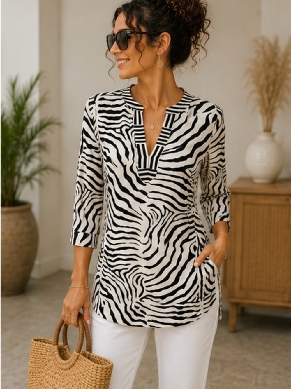 J. McLaughlin Zebra Print Stretch Tunic Top | 3/4 Sleeve | Side Slits | Size M - Picture 7 of 11